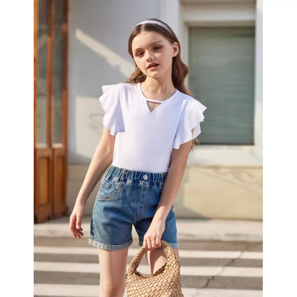 Arshiner Girls Shirts Short Sleeve Tee Ruffle Solid Summer Keyhole Neck Cotton Blouse Tops