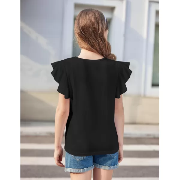 Arshiner Girls Shirts Short Sleeve Tee Ruffle Solid Summer Keyhole Neck Cotton Blouse Tops