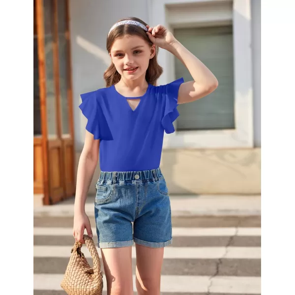 Arshiner Girls Shirts Short Sleeve Tee Ruffle Solid Summer Keyhole Neck Cotton Blouse Tops