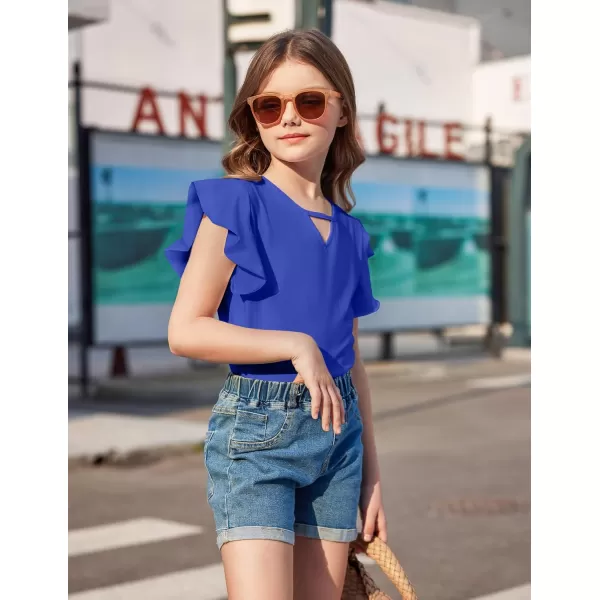 Arshiner Girls Shirts Short Sleeve Tee Ruffle Solid Summer Keyhole Neck Cotton Blouse Tops