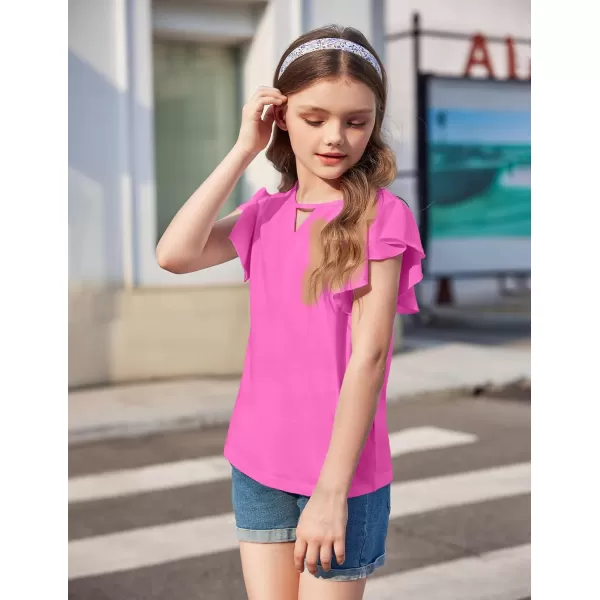 Arshiner Girls Shirts Short Sleeve Tee Ruffle Solid Summer Keyhole Neck Cotton Blouse Tops