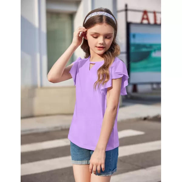 Arshiner Girls Shirts Short Sleeve Tee Ruffle Solid Summer Keyhole Neck Cotton Blouse Tops