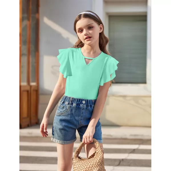 Arshiner Girls Shirts Short Sleeve Tee Ruffle Solid Summer Keyhole Neck Cotton Blouse Tops