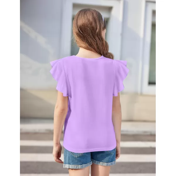 Arshiner Girls Shirts Short Sleeve Tee Ruffle Solid Summer Keyhole Neck Cotton Blouse Tops