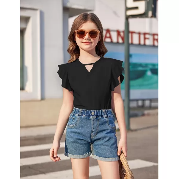 Arshiner Girls Shirts Short Sleeve Tee Ruffle Solid Summer Keyhole Neck Cotton Blouse Tops