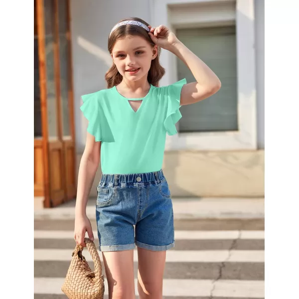Arshiner Girls Shirts Short Sleeve Tee Ruffle Solid Summer Keyhole Neck Cotton Blouse Tops