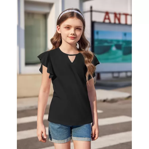 Arshiner Girls Shirts Short Sleeve Tee Ruffle Solid Summer Keyhole Neck Cotton Blouse Tops