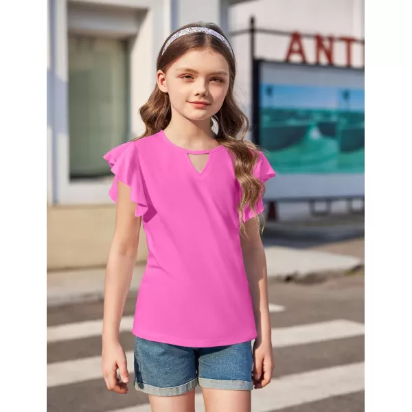 Arshiner Girls Shirts Short Sleeve Tee Ruffle Solid Summer Keyhole Neck Cotton Blouse Tops