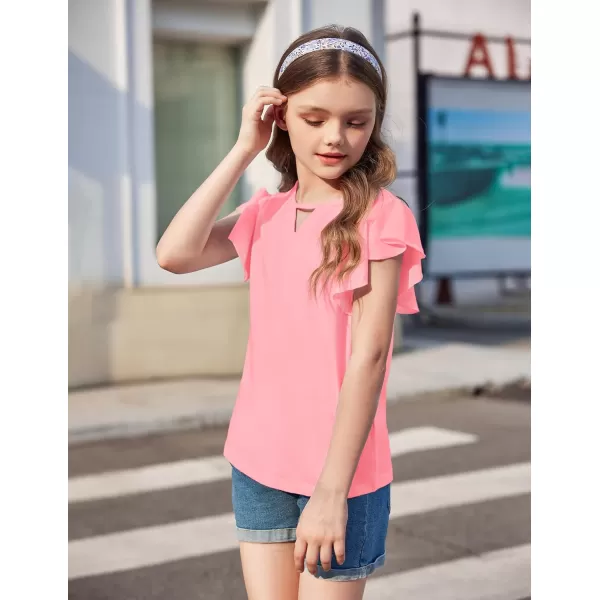 Arshiner Girls Shirts Short Sleeve Tee Ruffle Solid Summer Keyhole Neck Cotton Blouse Tops