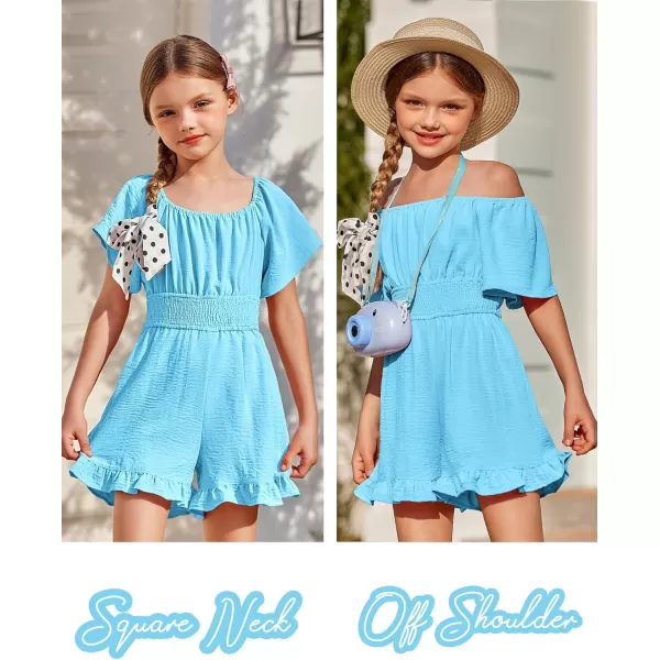 Arshiner Girls Summer Jumpsuits Tie Back Off Shoulder Short Sleeve One Piece Rompers Ruffle Smocked Casual Shorts Outfits