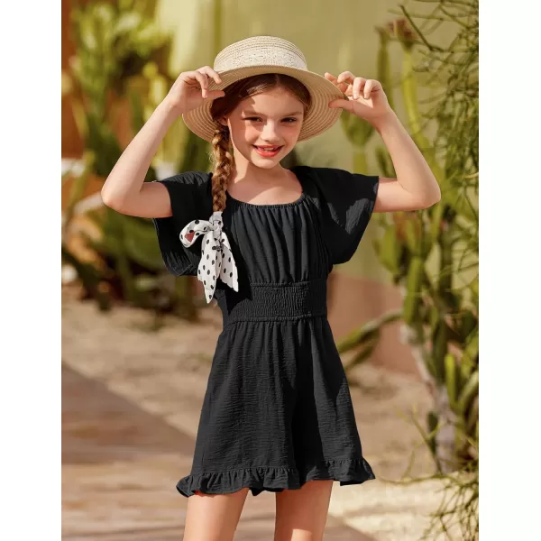 Arshiner Girls Summer Jumpsuits Tie Back Off Shoulder Short Sleeve One Piece Rompers Ruffle Smocked Casual Shorts Outfits
