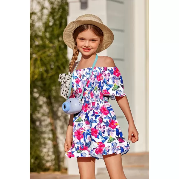 Arshiner Girls Summer Jumpsuits Tie Back Off Shoulder Short Sleeve One Piece Rompers Ruffle Smocked Casual Shorts Outfits
