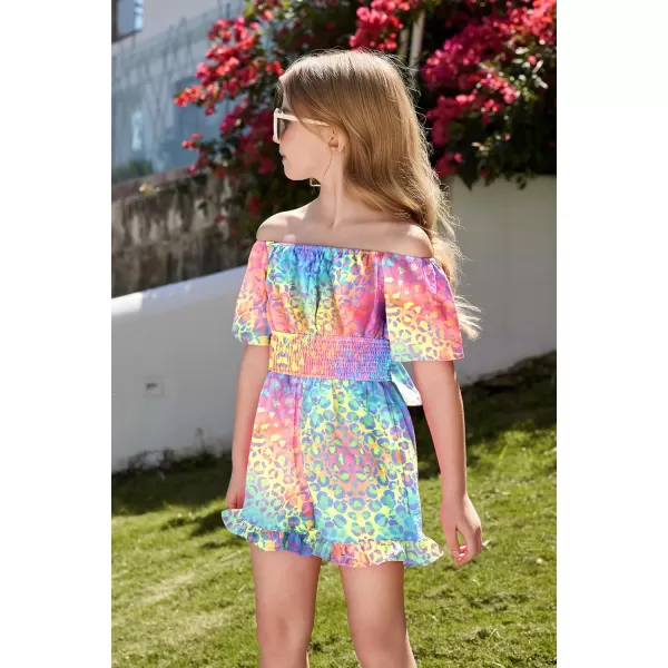 Arshiner Girls Summer Jumpsuits Tie Back Off Shoulder Short Sleeve One Piece Rompers Ruffle Smocked Casual Shorts Outfits