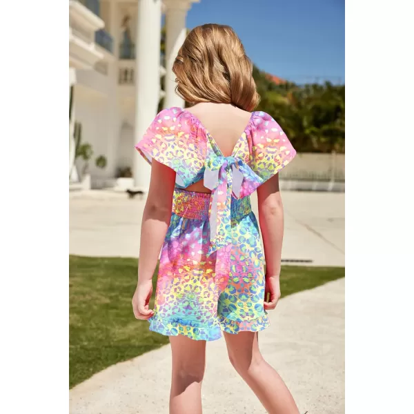 Arshiner Girls Summer Jumpsuits Tie Back Off Shoulder Short Sleeve One Piece Rompers Ruffle Smocked Casual Shorts Outfits