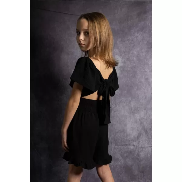 Arshiner Girls Summer Jumpsuits Tie Back Off Shoulder Short Sleeve One Piece Rompers Ruffle Smocked Casual Shorts Outfits