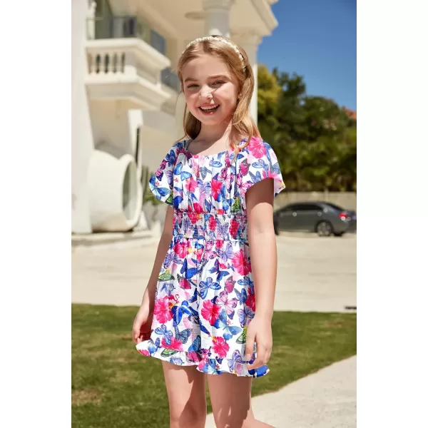 Arshiner Girls Summer Jumpsuits Tie Back Off Shoulder Short Sleeve One Piece Rompers Ruffle Smocked Casual Shorts Outfits