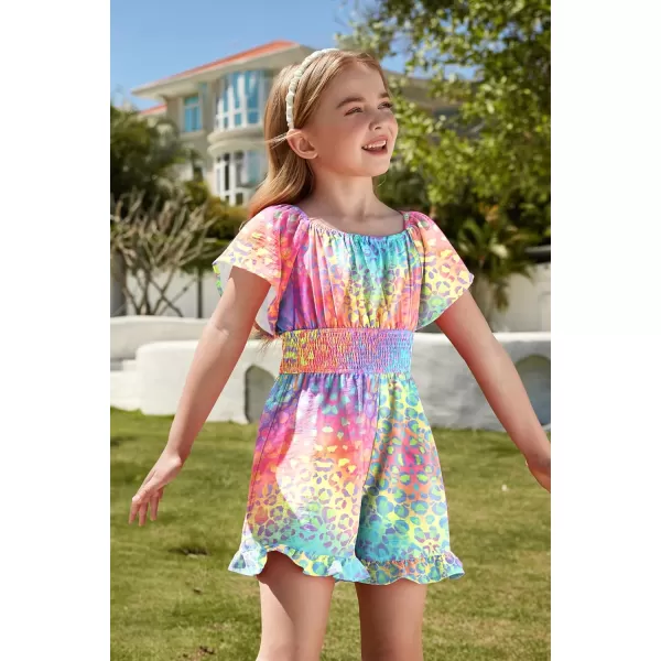 Arshiner Girls Summer Jumpsuits Tie Back Off Shoulder Short Sleeve One Piece Rompers Ruffle Smocked Casual Shorts Outfits