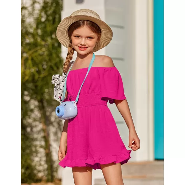 Arshiner Girls Summer Jumpsuits Tie Back Off Shoulder Short Sleeve One Piece Rompers Ruffle Smocked Casual Shorts Outfits