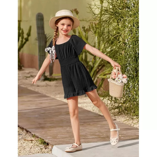 Arshiner Girls Summer Jumpsuits Tie Back Off Shoulder Short Sleeve One Piece Rompers Ruffle Smocked Casual Shorts Outfits