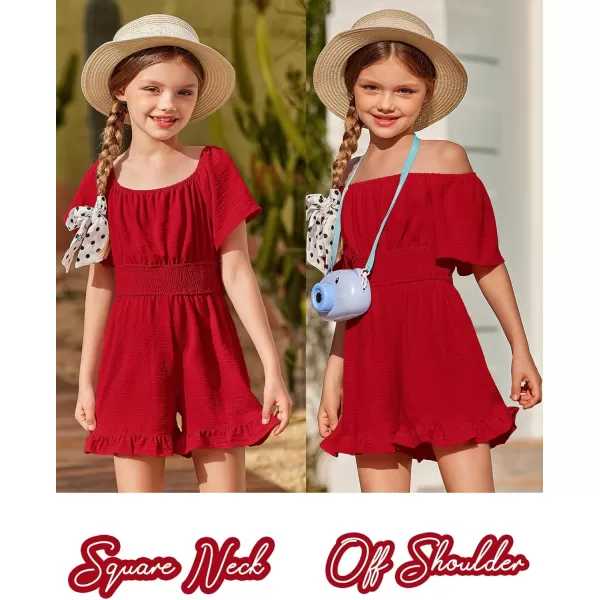 Arshiner Girls Summer Jumpsuits Tie Back Off Shoulder Short Sleeve One Piece Rompers Ruffle Smocked Casual Shorts Outfits