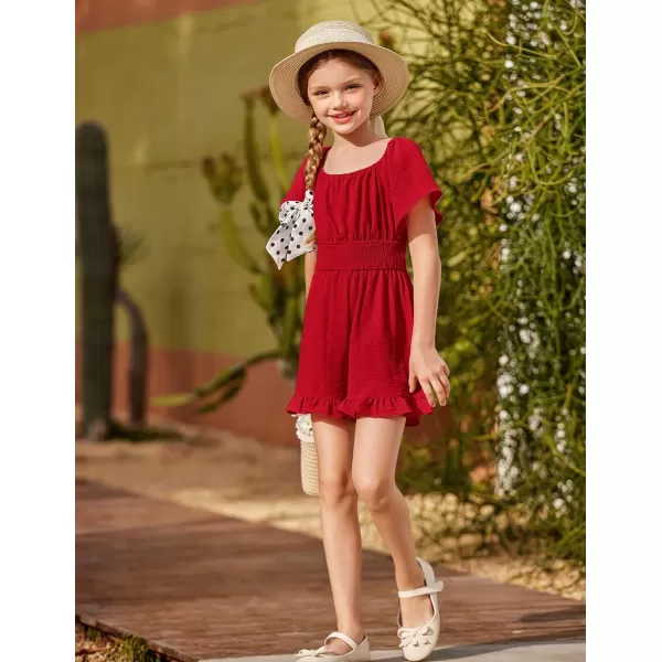 Arshiner Girls Summer Jumpsuits Tie Back Off Shoulder Short Sleeve One Piece Rompers Ruffle Smocked Casual Shorts Outfits