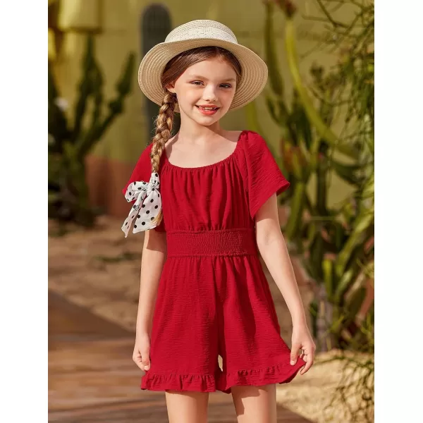 Arshiner Girls Summer Jumpsuits Tie Back Off Shoulder Short Sleeve One Piece Rompers Ruffle Smocked Casual Shorts Outfits