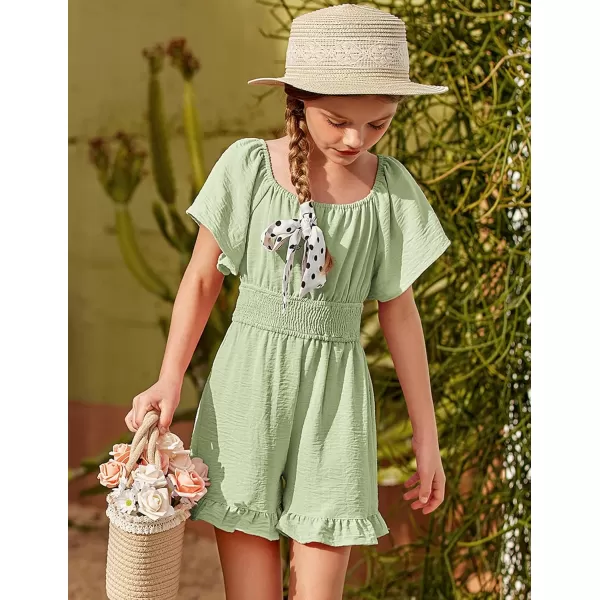 Arshiner Girls Summer Jumpsuits Tie Back Off Shoulder Short Sleeve One Piece Rompers Ruffle Smocked Casual Shorts Outfits