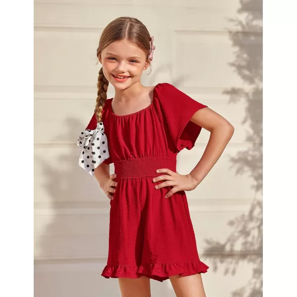 Arshiner Girls Summer Jumpsuits Tie Back Off Shoulder Short Sleeve One Piece Rompers Ruffle Smocked Casual Shorts Outfits