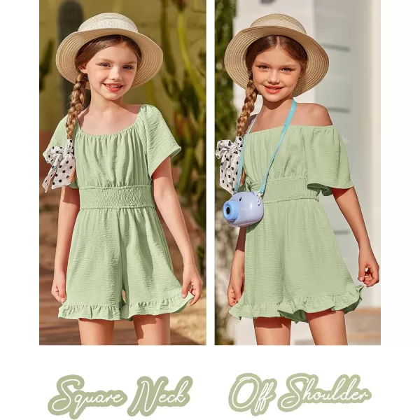 Arshiner Girls Summer Jumpsuits Tie Back Off Shoulder Short Sleeve One Piece Rompers Ruffle Smocked Casual Shorts Outfits