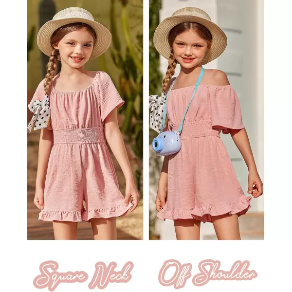 Arshiner Girls Summer Jumpsuits Tie Back Off Shoulder Short Sleeve One Piece Rompers Ruffle Smocked Casual Shorts Outfits