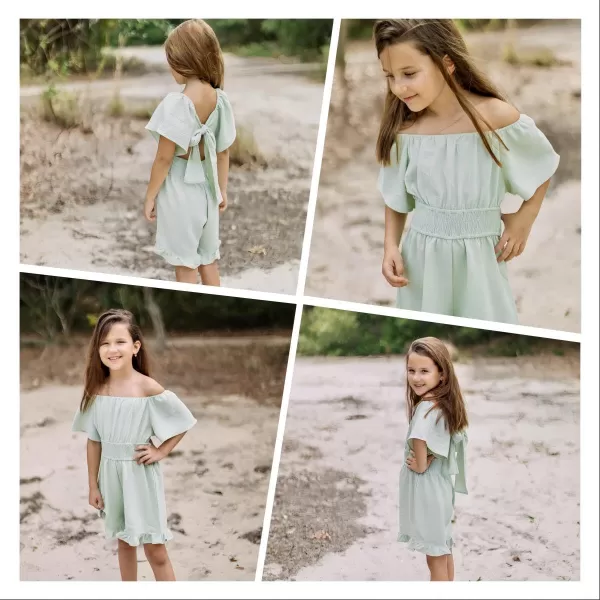 Arshiner Girls Summer Jumpsuits Tie Back Off Shoulder Short Sleeve One Piece Rompers Ruffle Smocked Casual Shorts Outfits
