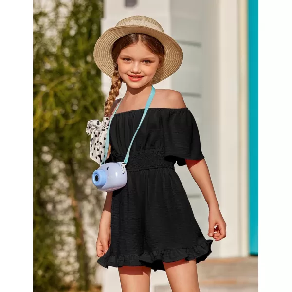 Arshiner Girls Summer Jumpsuits Tie Back Off Shoulder Short Sleeve One Piece Rompers Ruffle Smocked Casual Shorts Outfits