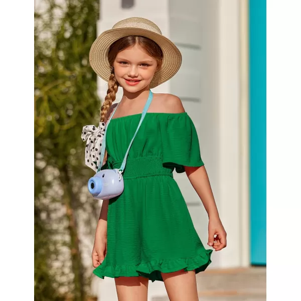 Arshiner Girls Summer Jumpsuits Tie Back Off Shoulder Short Sleeve One Piece Rompers Ruffle Smocked Casual Shorts Outfits