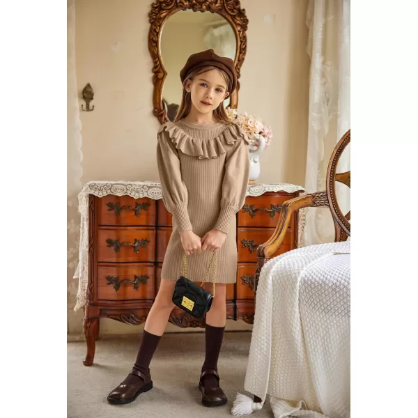 Arshiner Girls Sweater Dress Crew Neck Knit Puff Long Sleeves Ruffles Fall Winter Jumper Pullover Dresses for 5-14 Years