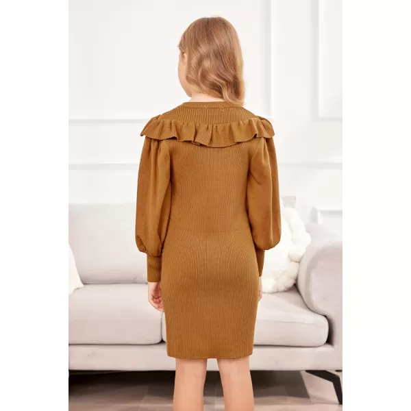 Arshiner Girls Sweater Dress Crew Neck Knit Puff Long Sleeves Ruffles Fall Winter Jumper Pullover Dresses for 5-14 Years