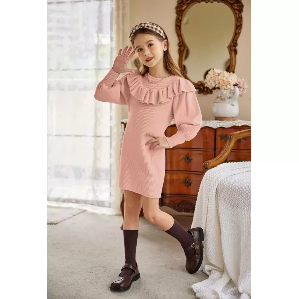 Arshiner Girls Sweater Dress Crew Neck Knit Puff Long Sleeves Ruffles Fall Winter Jumper Pullover Dresses for 5-14 Years