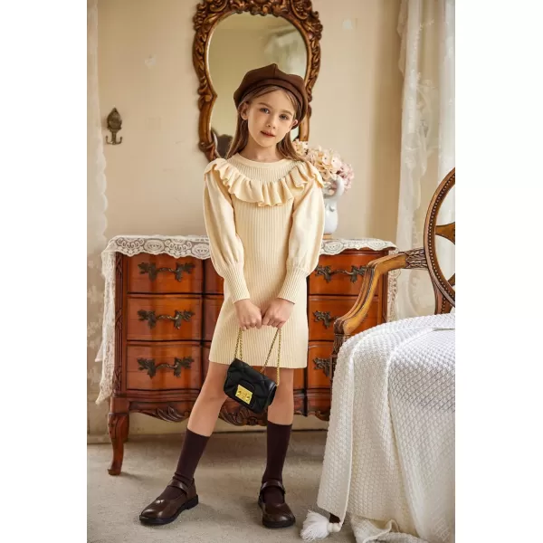 Arshiner Girls Sweater Dress Crew Neck Knit Puff Long Sleeves Ruffles Fall Winter Jumper Pullover Dresses for 5-14 Years