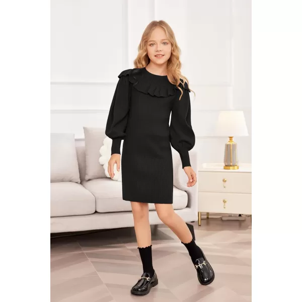 Arshiner Girls Sweater Dress Crew Neck Knit Puff Long Sleeves Ruffles Fall Winter Jumper Pullover Dresses for 5-14 Years