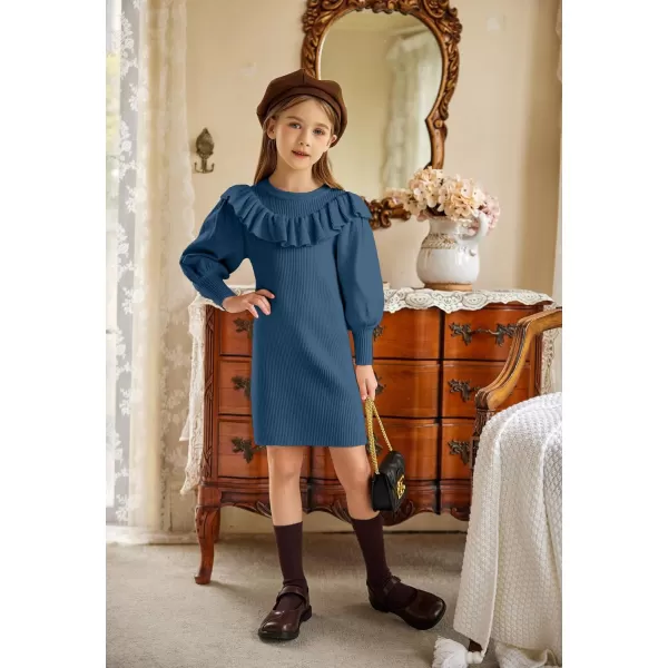 Arshiner Girls Sweater Dress Crew Neck Knit Puff Long Sleeves Ruffles Fall Winter Jumper Pullover Dresses for 5-14 Years