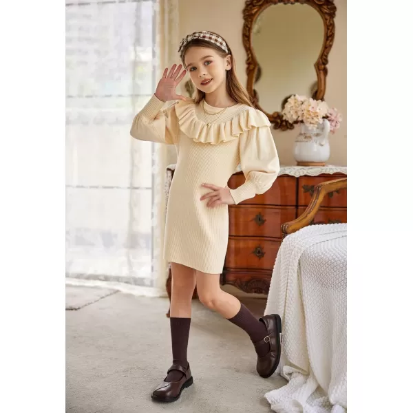Arshiner Girls Sweater Dress Crew Neck Knit Puff Long Sleeves Ruffles Fall Winter Jumper Pullover Dresses for 5-14 Years