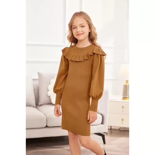 Arshiner Girls Sweater Dress Crew Neck Knit Puff Long Sleeves Ruffles Fall Winter Jumper Pullover Dresses for 5-14 Years