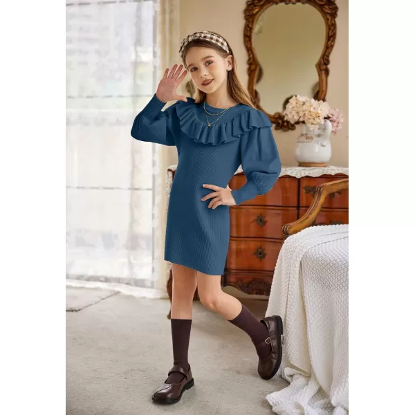 Arshiner Girls Sweater Dress Crew Neck Knit Puff Long Sleeves Ruffles Fall Winter Jumper Pullover Dresses for 5-14 Years