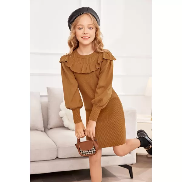 Arshiner Girls Sweater Dress Crew Neck Knit Puff Long Sleeves Ruffles Fall Winter Jumper Pullover Dresses for 5-14 Years