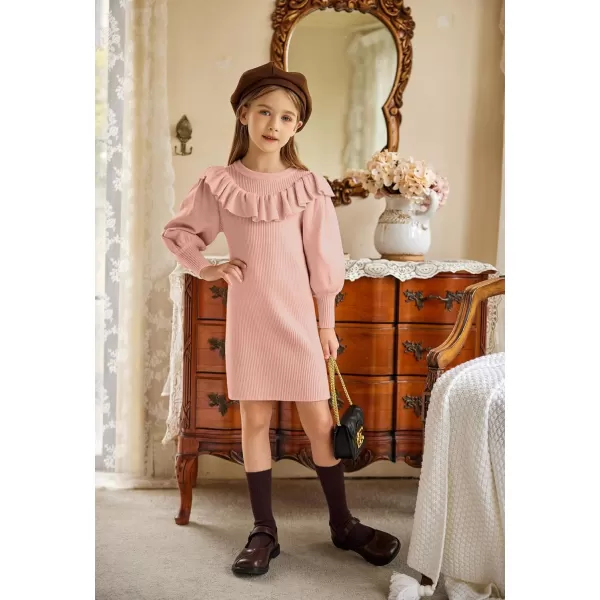 Arshiner Girls Sweater Dress Crew Neck Knit Puff Long Sleeves Ruffles Fall Winter Jumper Pullover Dresses for 5-14 Years