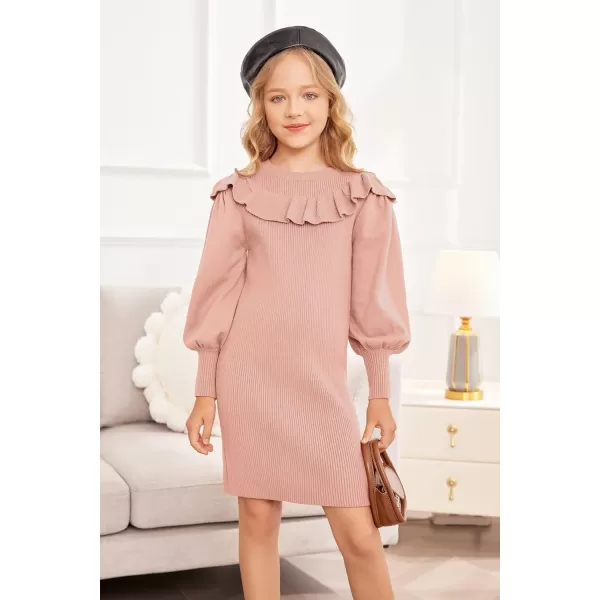 Arshiner Girls Sweater Dress Crew Neck Knit Puff Long Sleeves Ruffles Fall Winter Jumper Pullover Dresses for 5-14 Years