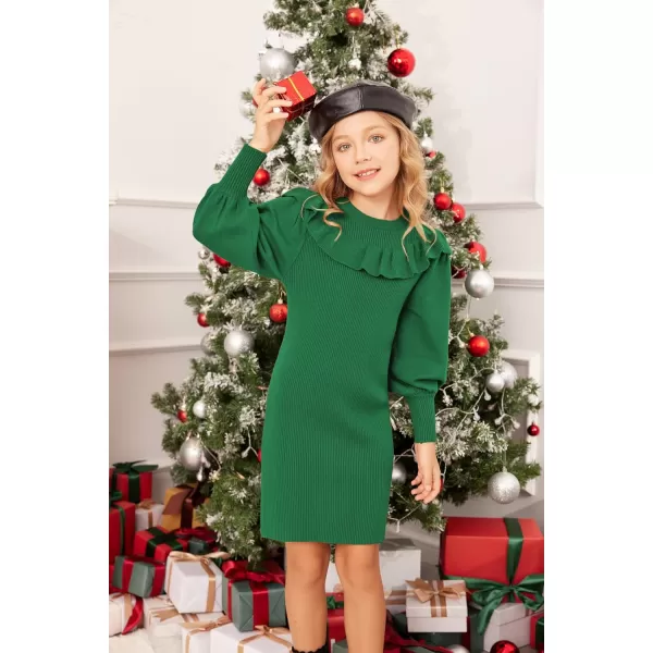 Arshiner Girls Sweater Dress Crew Neck Knit Puff Long Sleeves Ruffles Fall Winter Jumper Pullover Dresses for 5-14 Years
