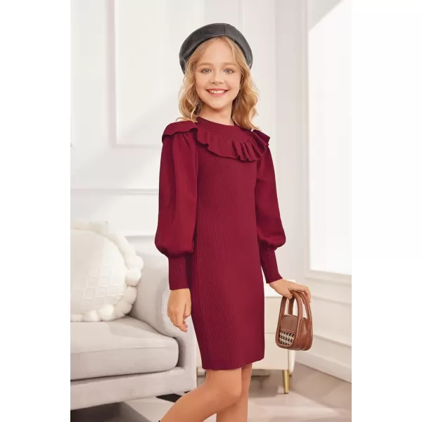 Arshiner Girls Sweater Dress Crew Neck Knit Puff Long Sleeves Ruffles Fall Winter Jumper Pullover Dresses for 5-14 Years