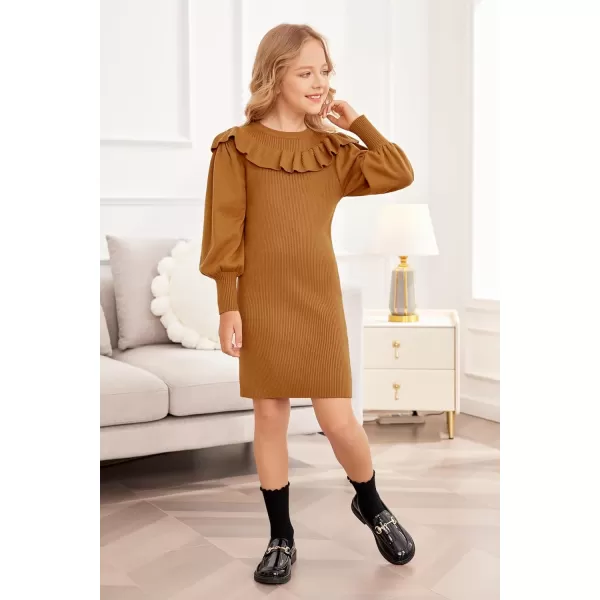 Arshiner Girls Sweater Dress Crew Neck Knit Puff Long Sleeves Ruffles Fall Winter Jumper Pullover Dresses for 5-14 Years