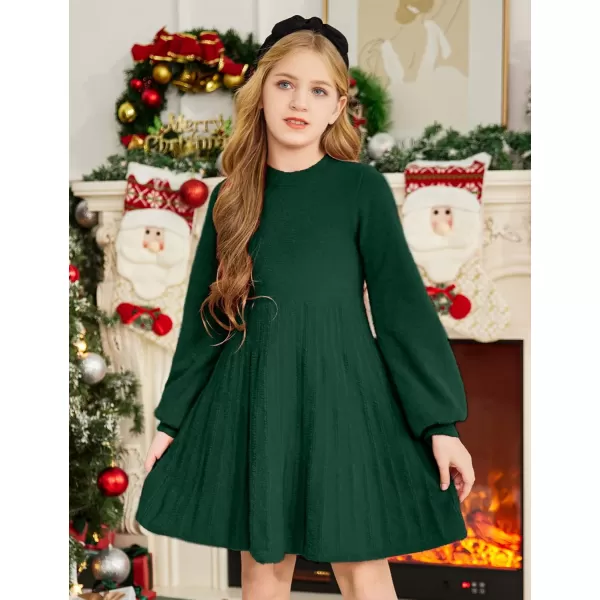 Arshiner Girls Sweater Dress Knit Crew Neck Lantern Sleeve Solid Twirl Dresses