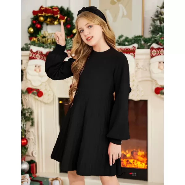 Arshiner Girls Sweater Dress Knit Crew Neck Lantern Sleeve Solid Twirl Dresses